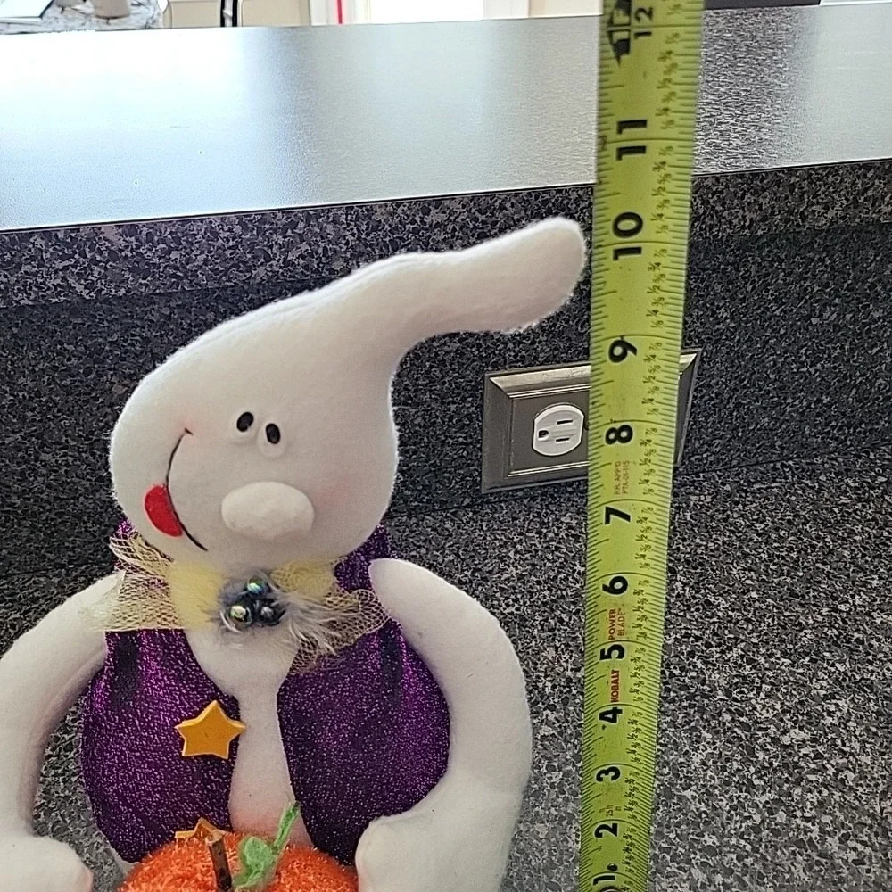 VINTAGE 2002 Halloween Ghost Shelf Sitter with Pumpkin Purple Vest Bow Tie‎